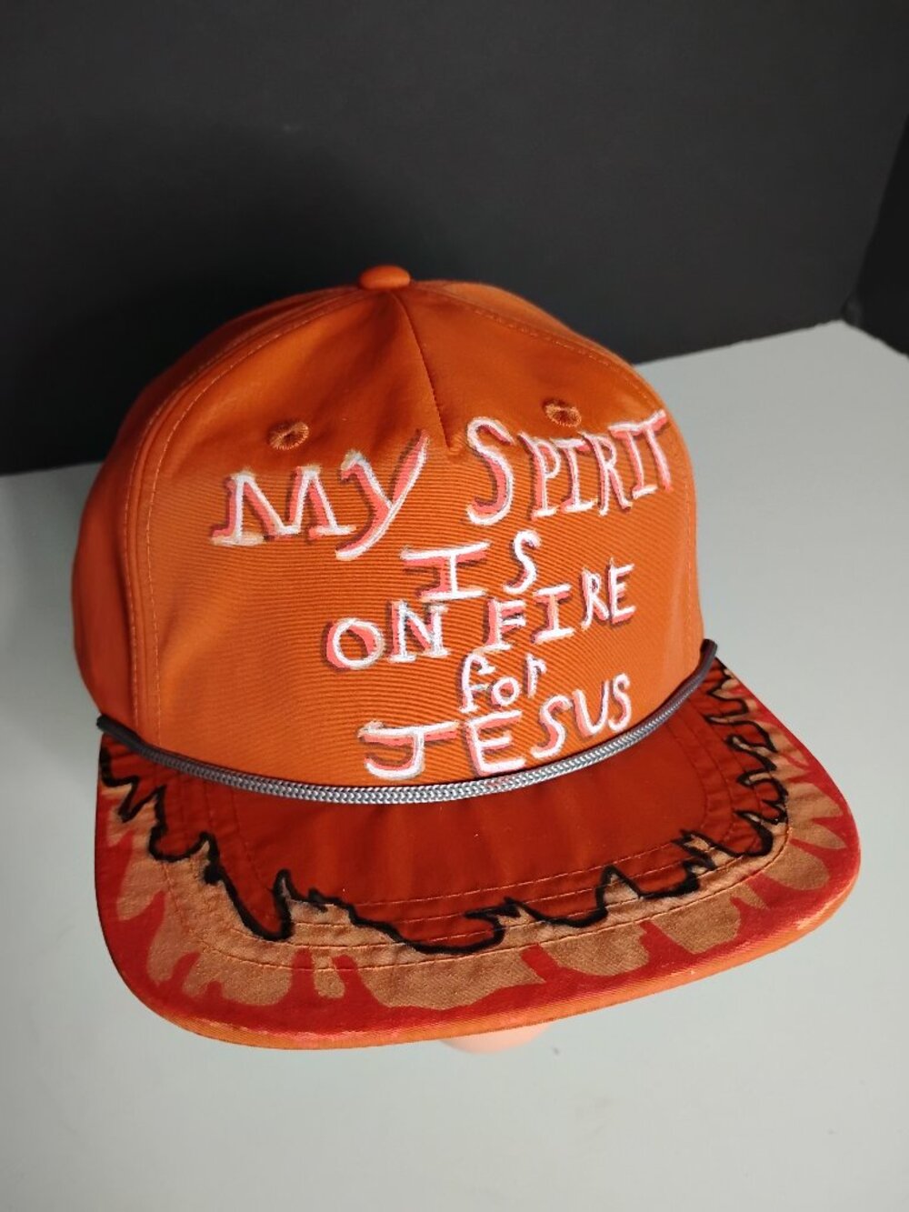 Hand Painted Christian Baseball Hat "My Spirit Is On Fire For Jesus" Orange Fire
